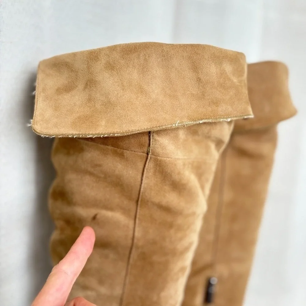 Bandolino Eye Candy Tall Tan Suede Leather Fold Over Knee‎ High Boots Women's 9